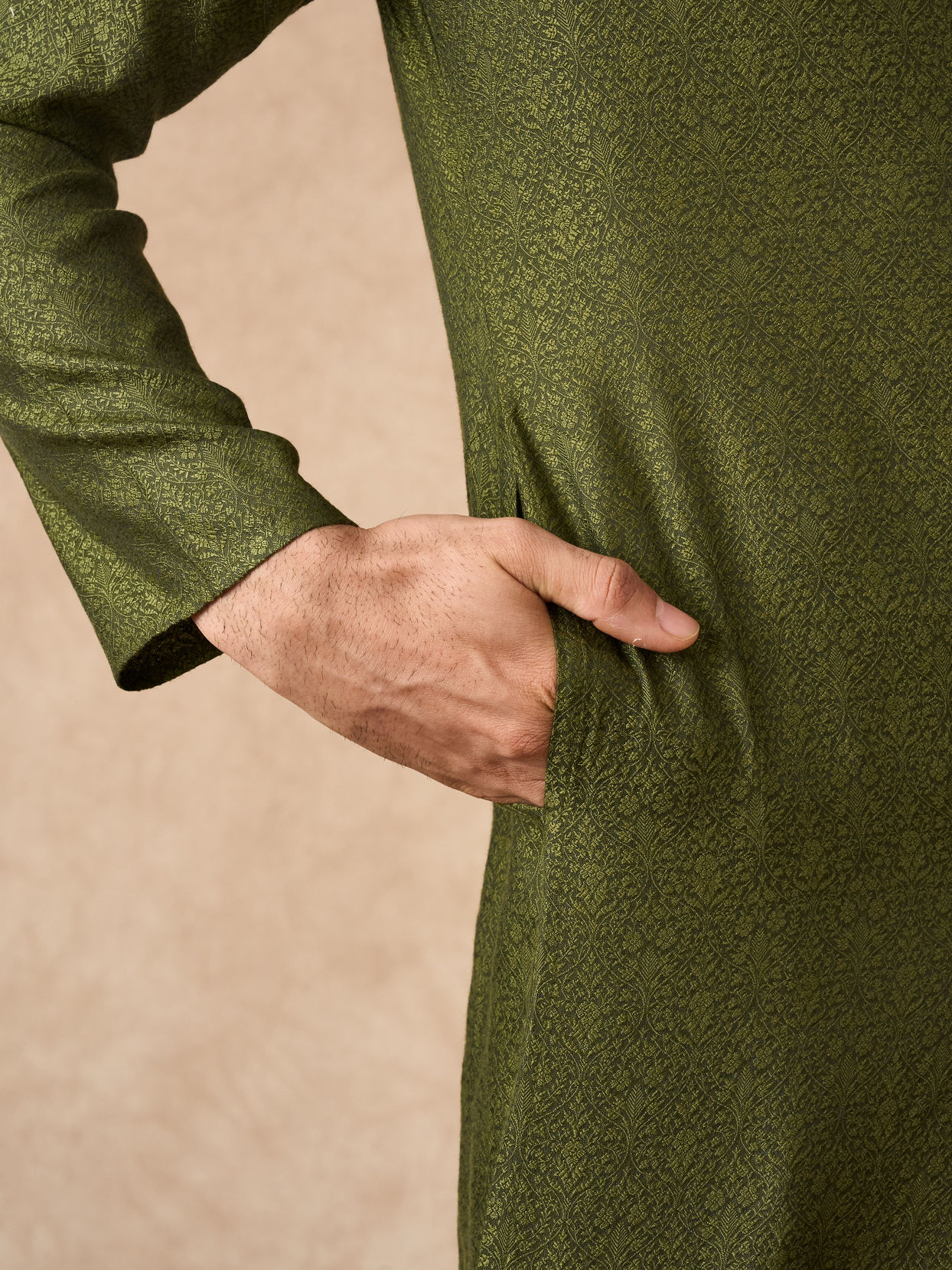 Manyavar Men Olive Green Blended Viscose Kurta Pajama