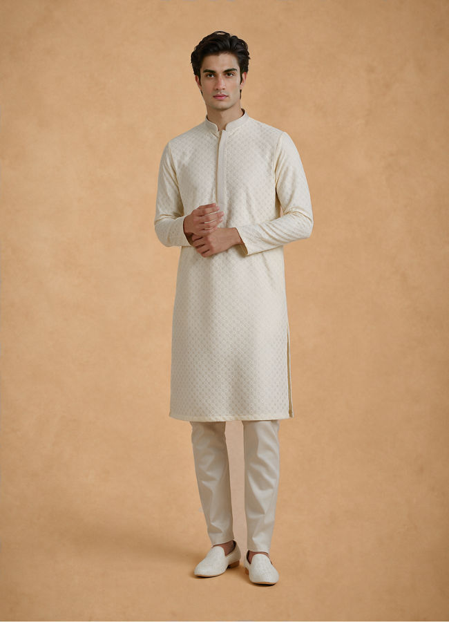 Manyavar Men Cream Blended Cotton Kurta Pajama with Chikankari