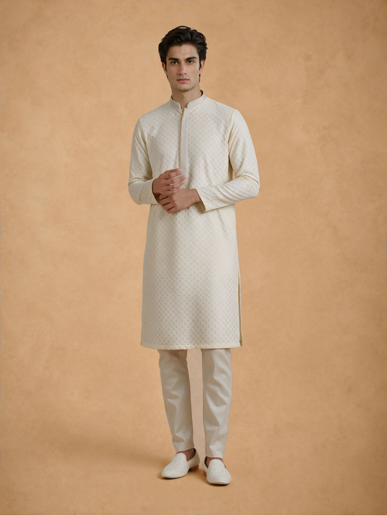 Manyavar Men Cream Blended Cotton Kurta Pajama with Chikankari