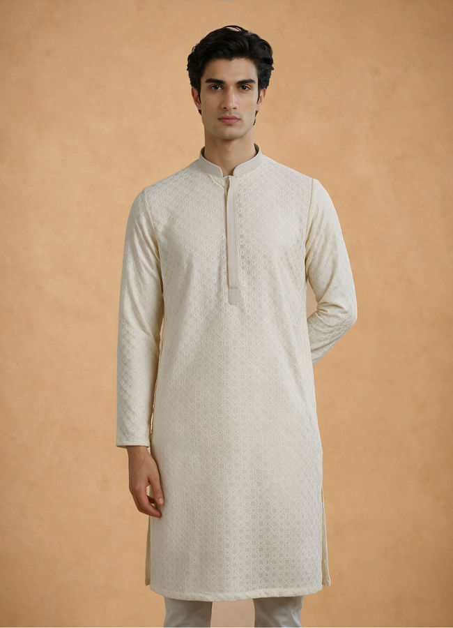 Manyavar Men Cream Blended Cotton Kurta Pajama with Chikankari