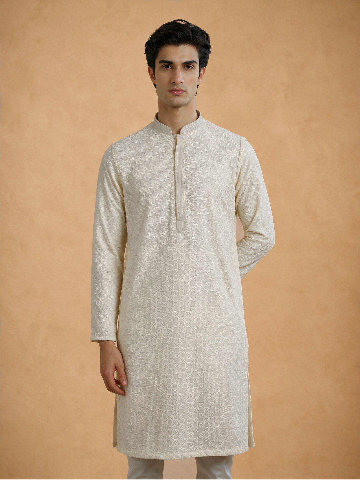 Manyavar Men Cream Blended Cotton Kurta Pajama with Chikankari
