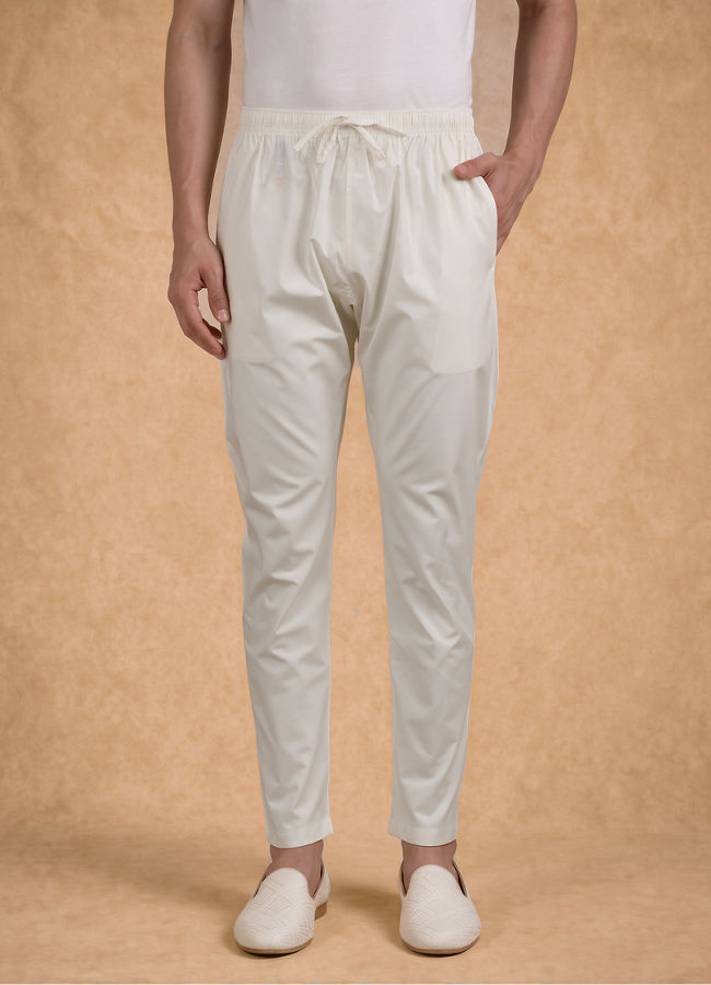 Manyavar Men Cream Blended Cotton Kurta Pajama with Chikankari