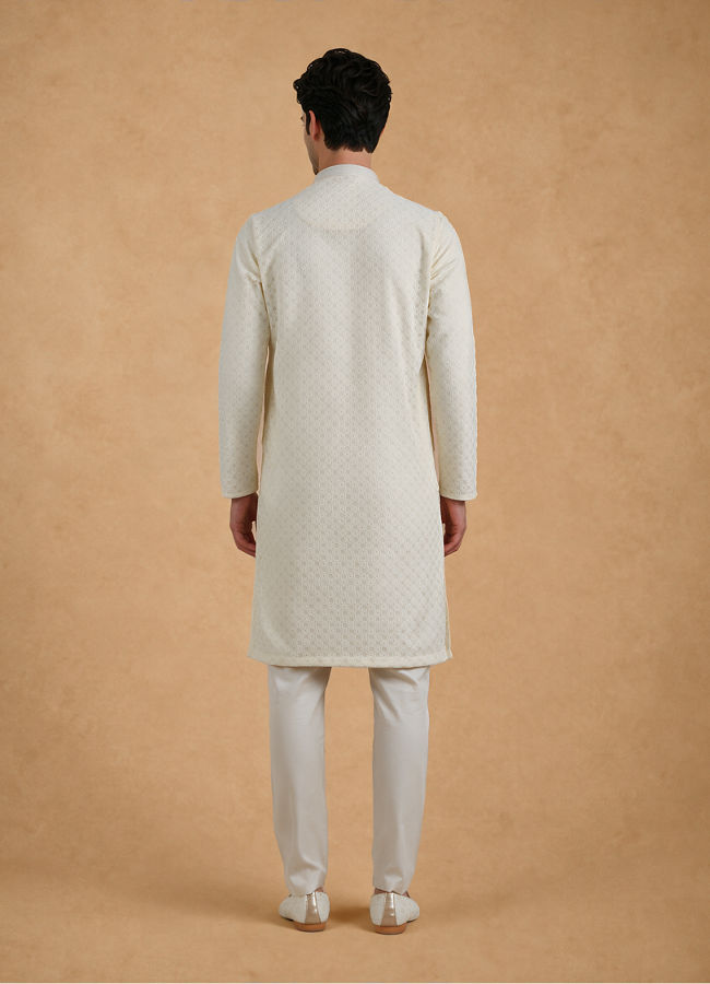 Manyavar Men Cream Blended Cotton Kurta Pajama with Chikankari