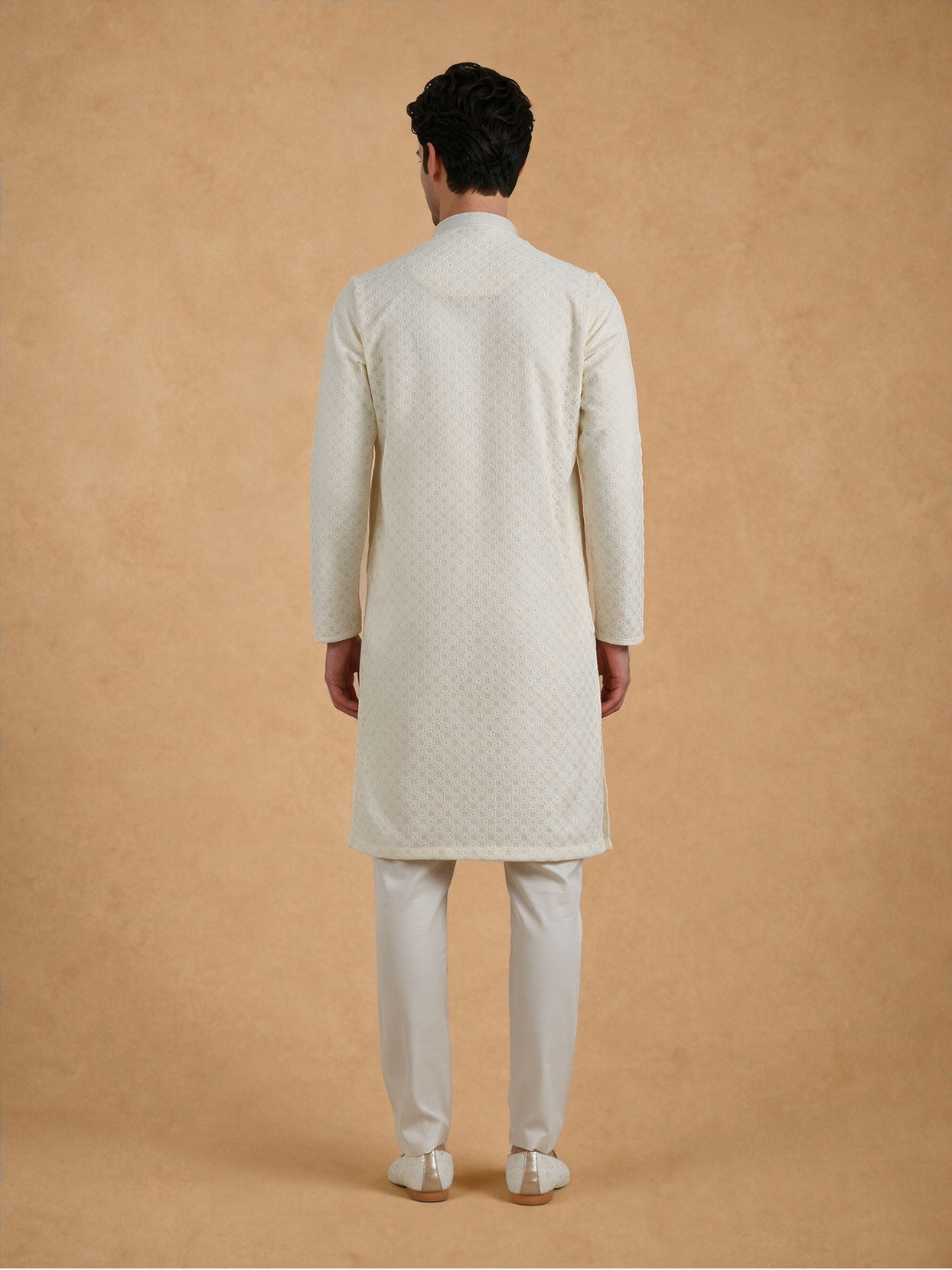 Manyavar Men Cream Blended Cotton Kurta Pajama with Chikankari