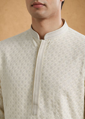 Manyavar Men Cream Blended Cotton Kurta Pajama with Chikankari