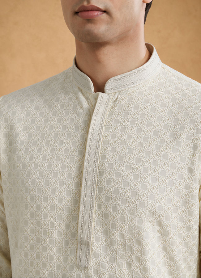 Manyavar Men Cream Blended Cotton Kurta Pajama with Chikankari