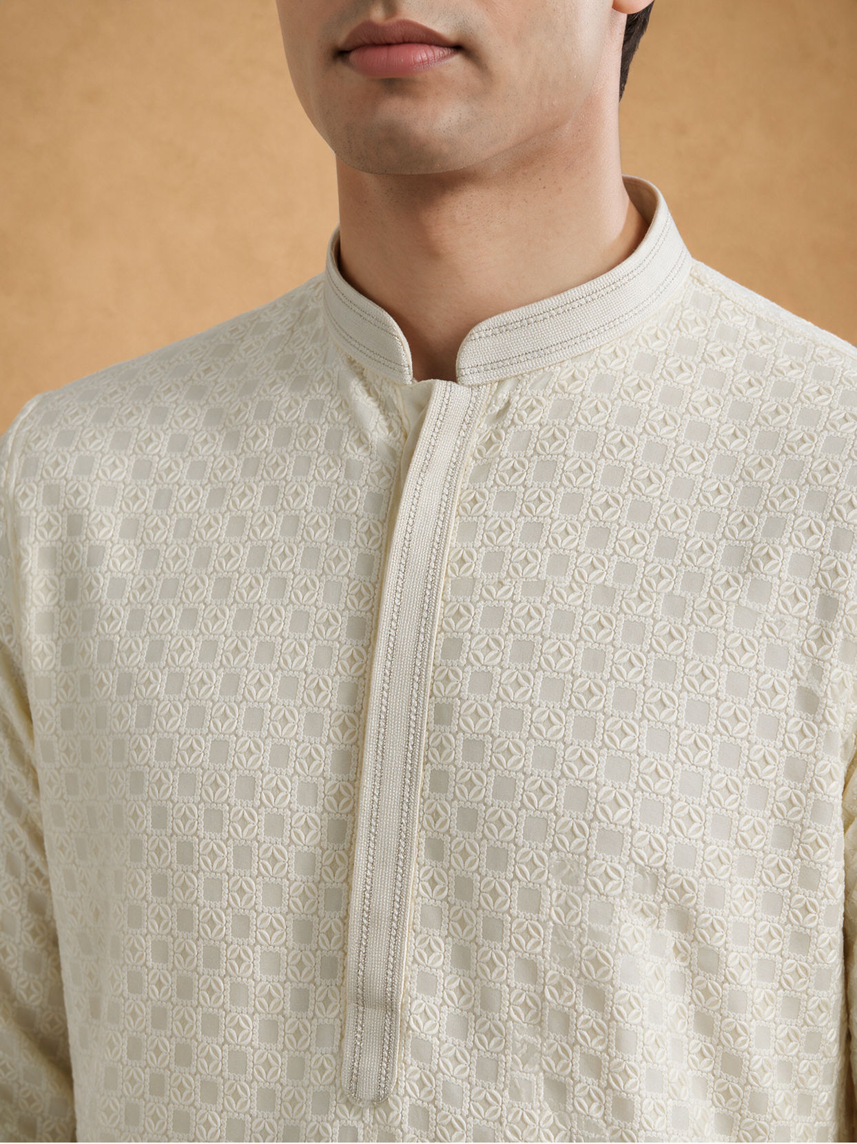 Manyavar Men Cream Blended Cotton Kurta Pajama with Chikankari