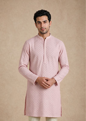 Manyavar Men Pink Blended Cotton Kurta Pajama with Embroidery