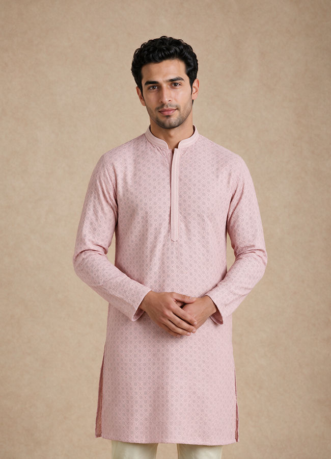 Manyavar Men Pink Blended Cotton Kurta Pajama with Embroidery