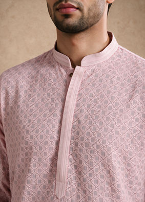 Manyavar Men Pink Blended Cotton Kurta Pajama with Embroidery