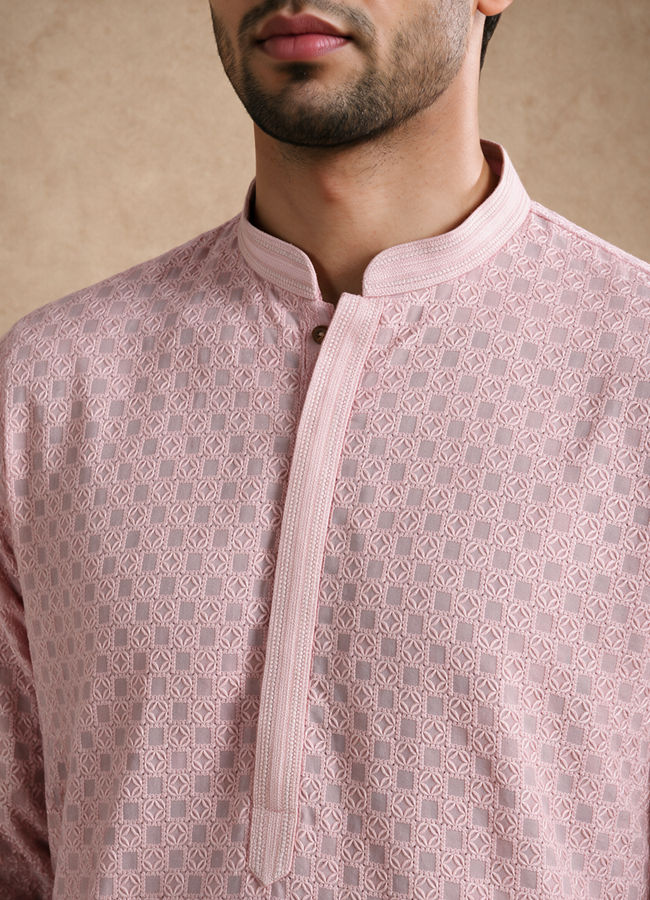 Manyavar Men Pink Blended Cotton Kurta Pajama with Embroidery
