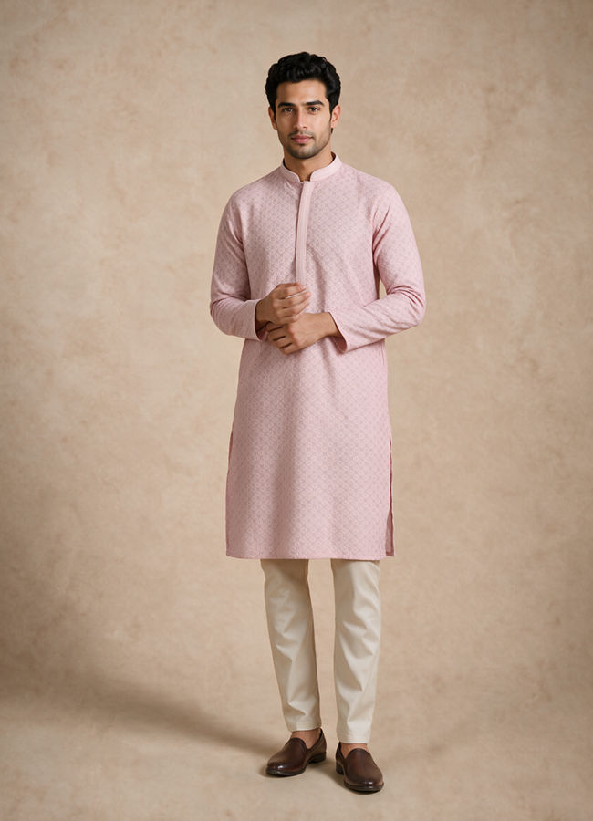 Manyavar Men Pink Blended Cotton Kurta Pajama with Embroidery
