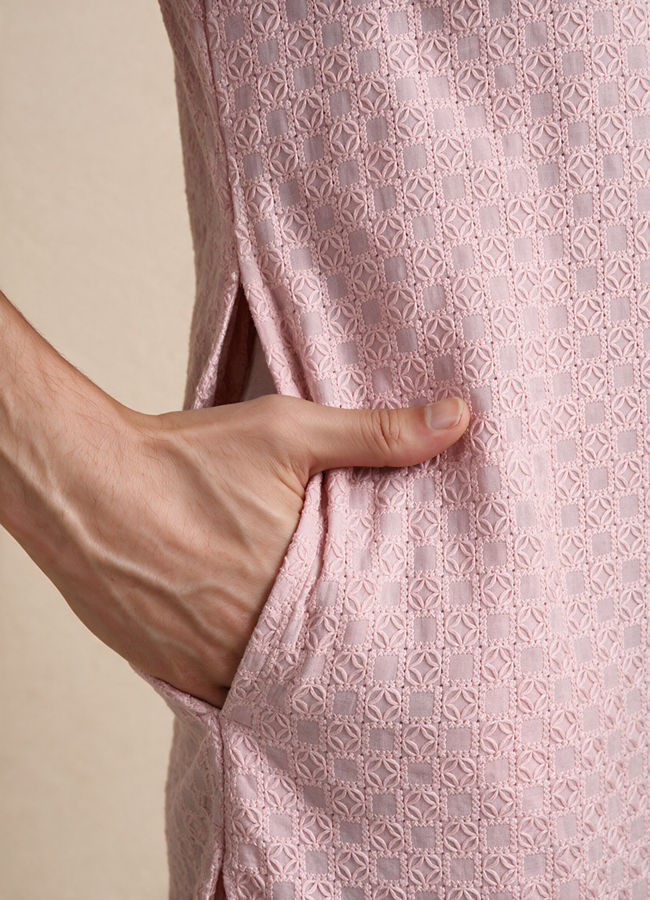 Manyavar Men Pink Blended Cotton Kurta Pajama with Embroidery