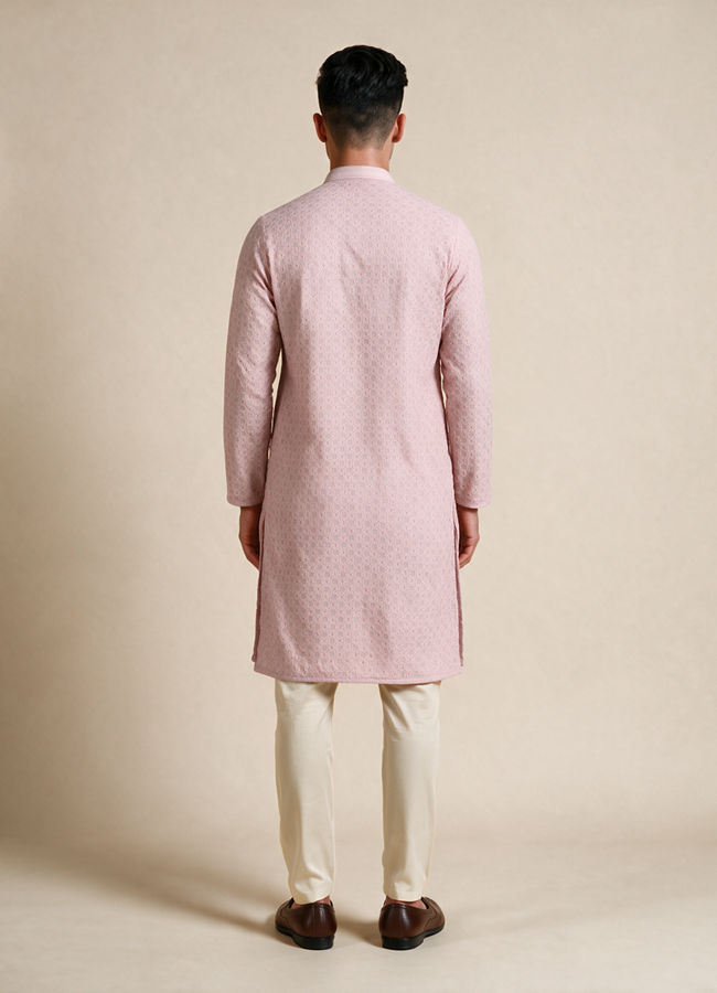 Manyavar Men Pink Blended Cotton Kurta Pajama with Embroidery