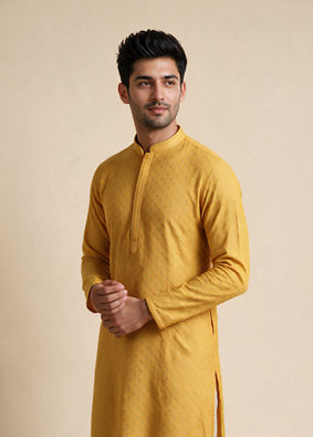 Manyavar Men Mustard Blended Cotton Kurta Pajama with Embroidery