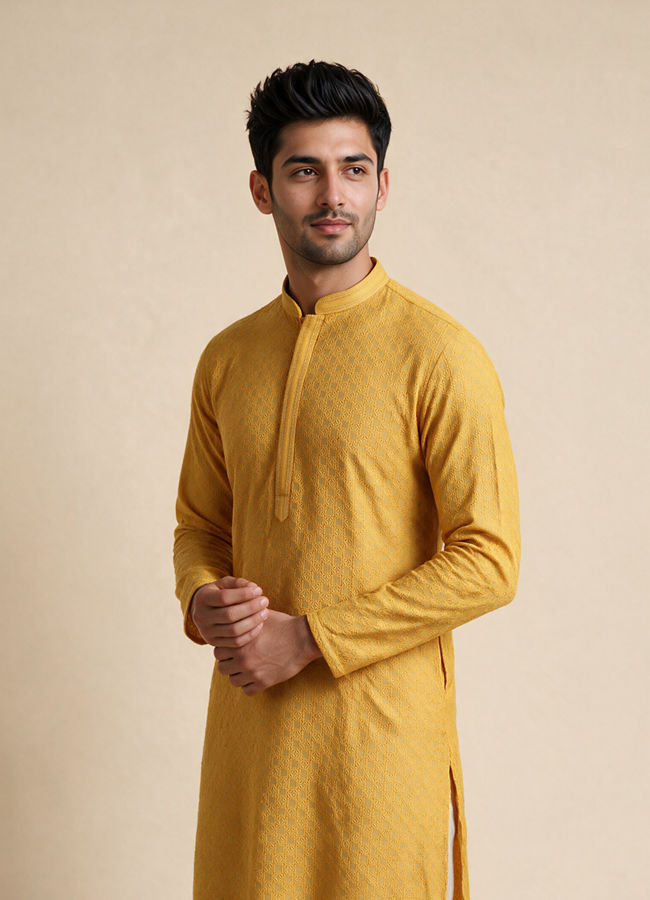 Manyavar Men Mustard Blended Cotton Kurta Pajama with Embroidery