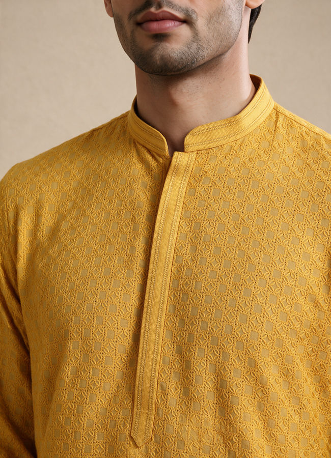 Manyavar Men Mustard Blended Cotton Kurta Pajama with Embroidery