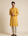 Manyavar Men Mustard Blended Cotton Kurta Pajama with Embroidery