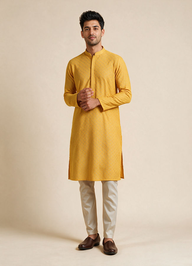 Manyavar Men Mustard Blended Cotton Kurta Pajama with Embroidery