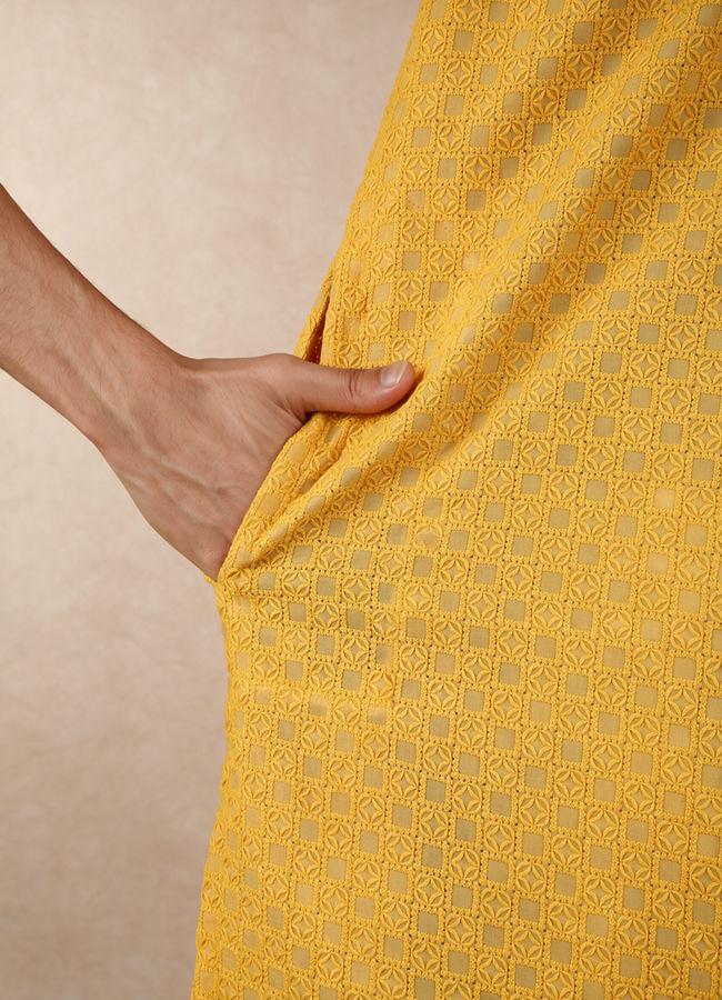 Manyavar Men Mustard Blended Cotton Kurta Pajama with Embroidery