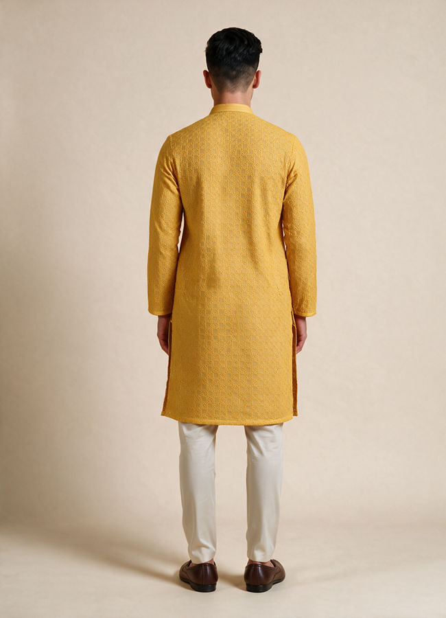 Manyavar Men Mustard Blended Cotton Kurta Pajama with Embroidery