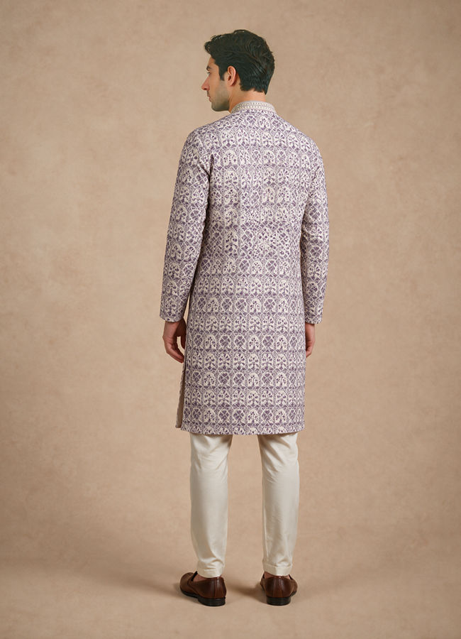 Manyavar Men Cream Viscose Kurta Pajama with Print