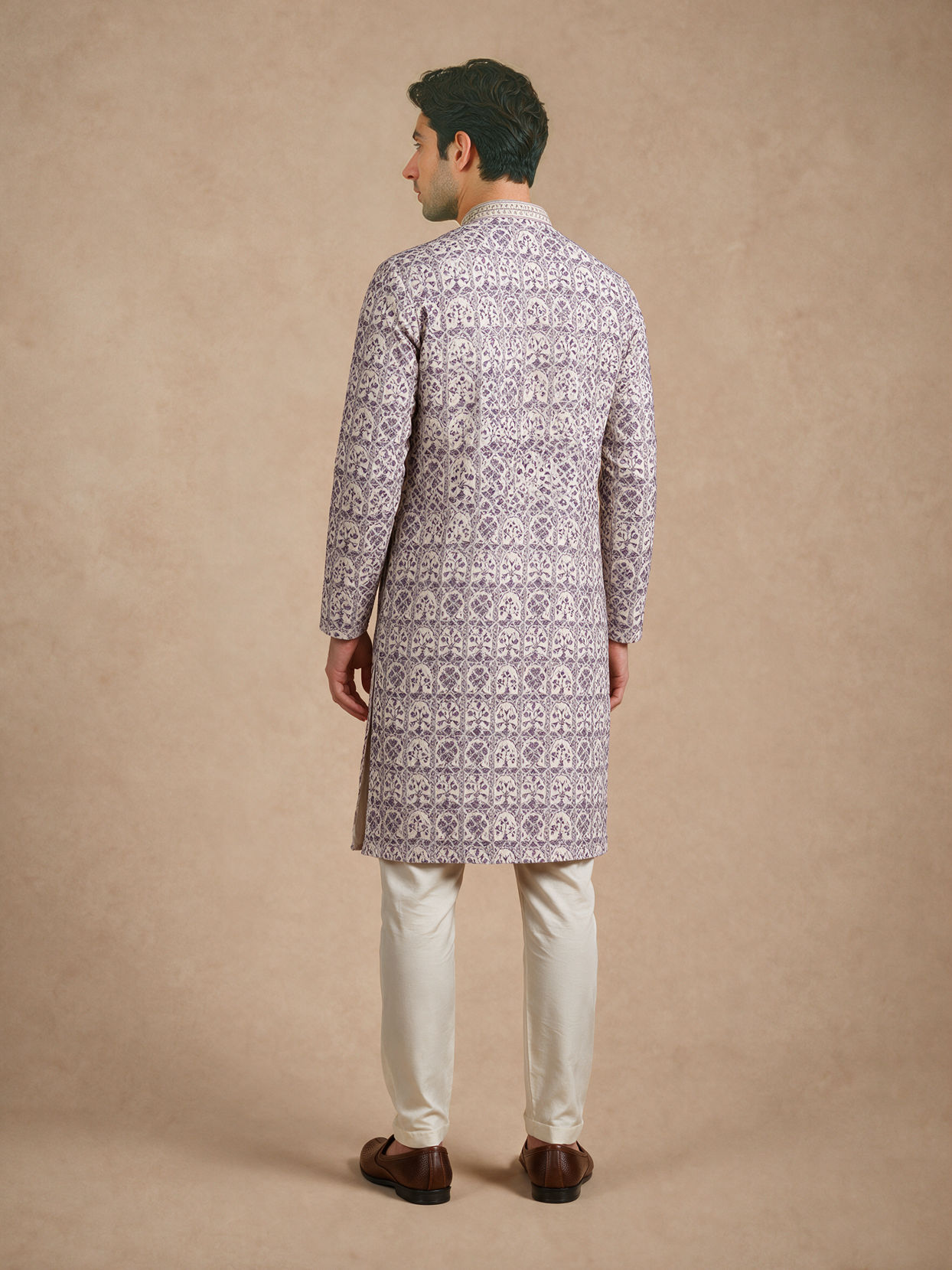 Manyavar Men Cream Viscose Kurta Pajama with Print