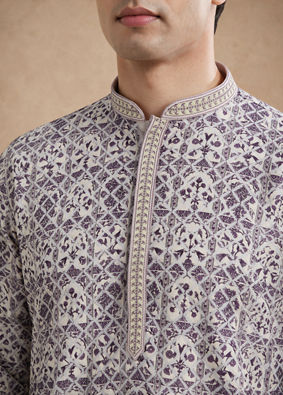 Manyavar Men Cream Viscose Kurta Pajama with Print