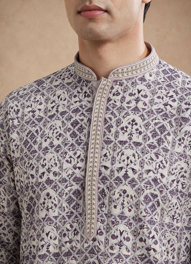 Manyavar Men Cream Viscose Kurta Pajama with Print