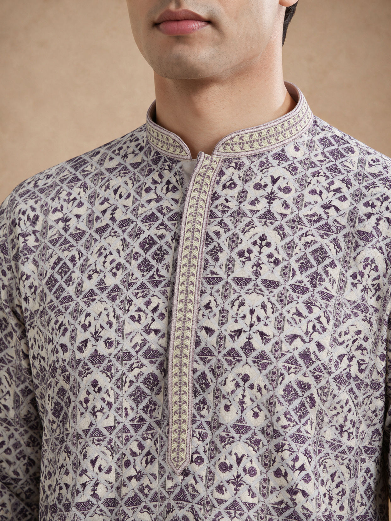 Manyavar Men Cream Viscose Kurta Pajama with Print