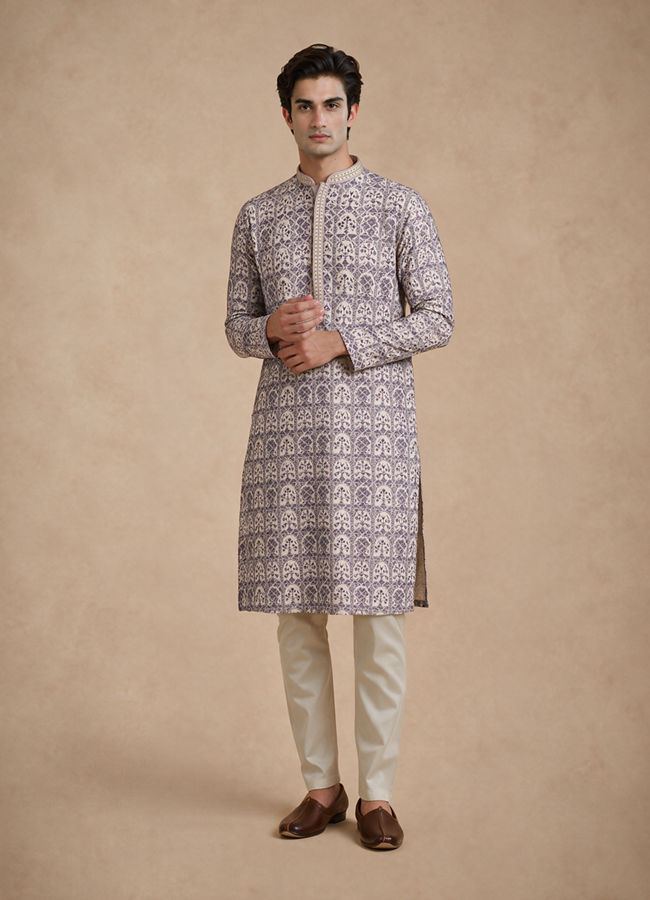 Manyavar Men Cream Viscose Kurta Pajama with Print