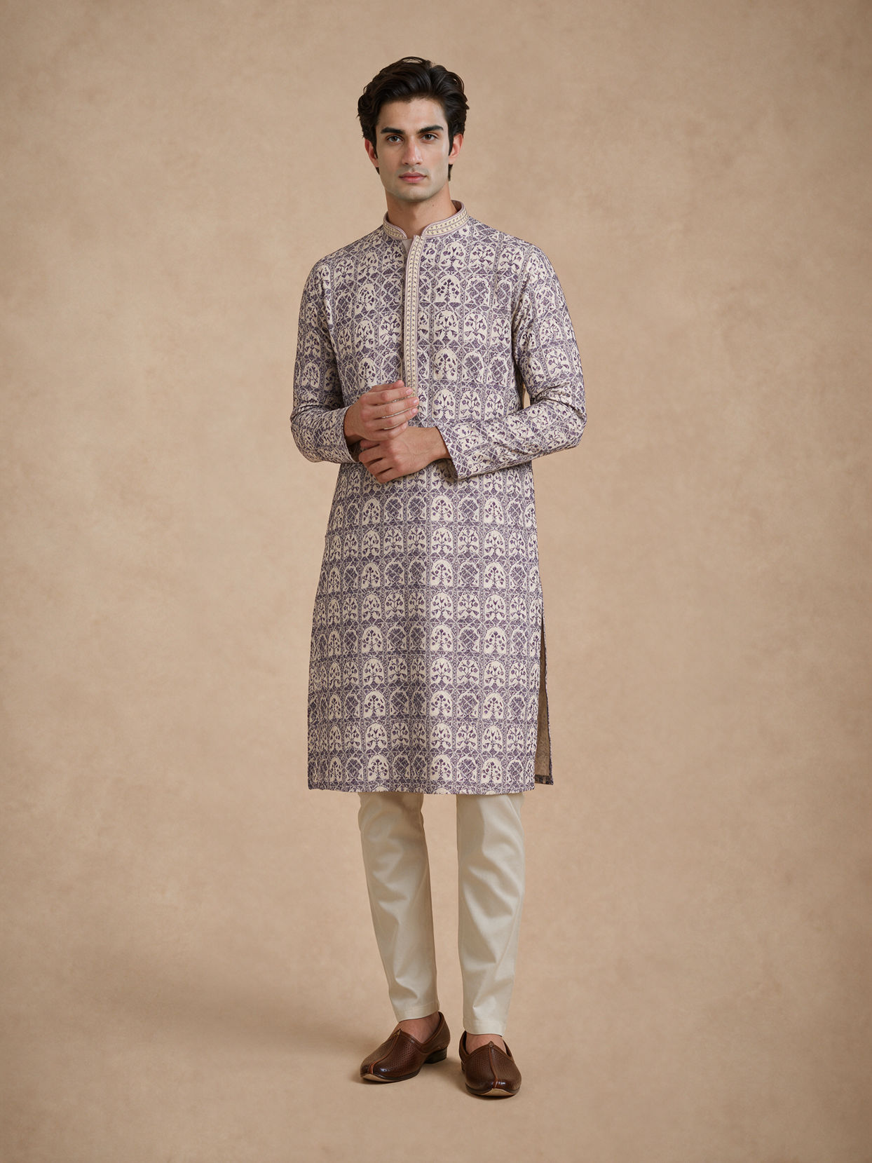 Manyavar Men Cream Viscose Kurta Pajama with Print