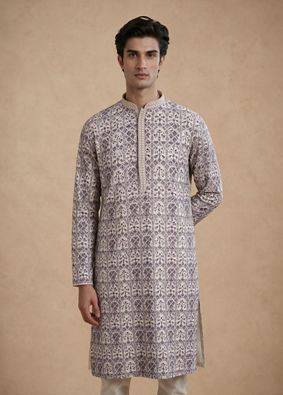 Manyavar Men Cream Viscose Kurta Pajama with Print