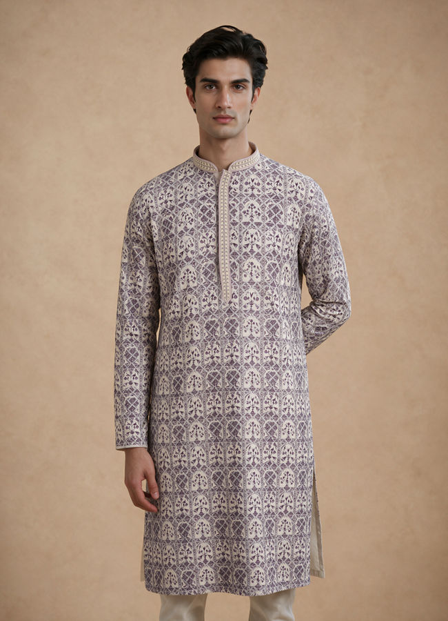 Manyavar Men Cream Viscose Kurta Pajama with Print