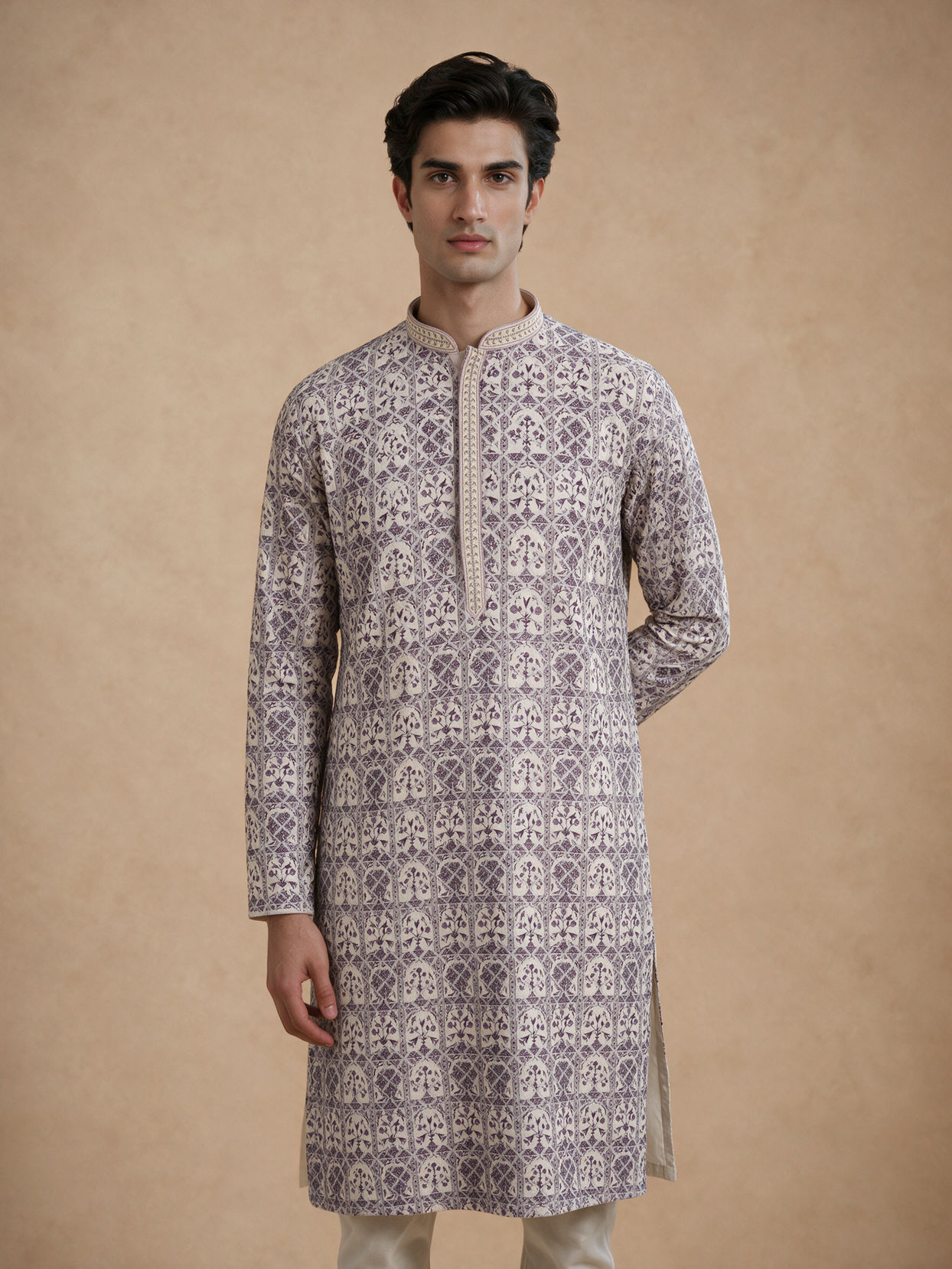 Manyavar Men Cream Viscose Kurta Pajama with Print