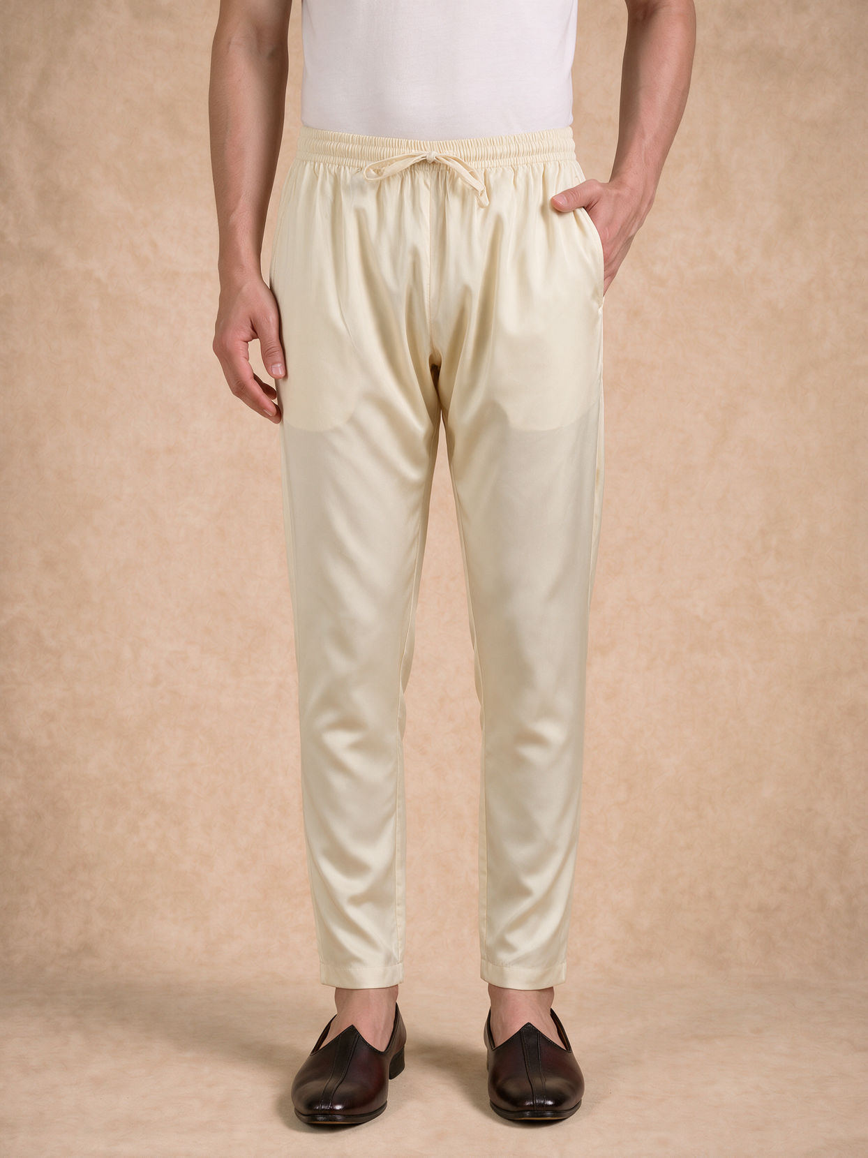 Manyavar Men Cream Viscose Kurta Pajama with Print