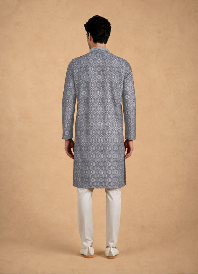 Manyavar Men Dark Grey Blended Cotton Kurta Pajama with Print
