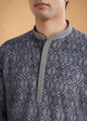 Manyavar Men Dark Grey Blended Cotton Kurta Pajama with Print