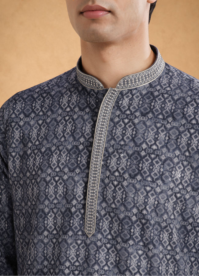 Manyavar Men Dark Grey Blended Cotton Kurta Pajama with Print