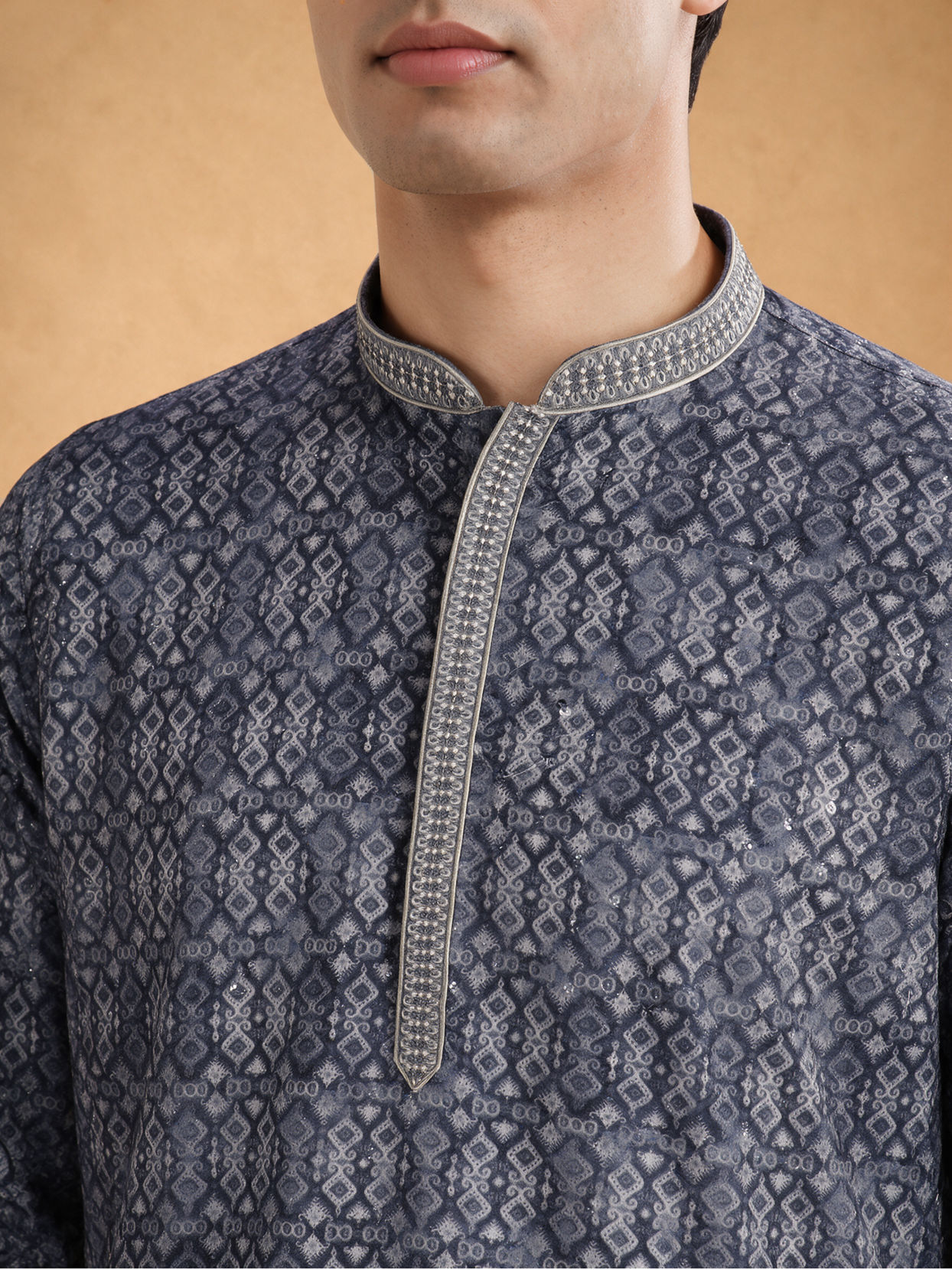 Manyavar Men Dark Grey Blended Cotton Kurta Pajama with Print