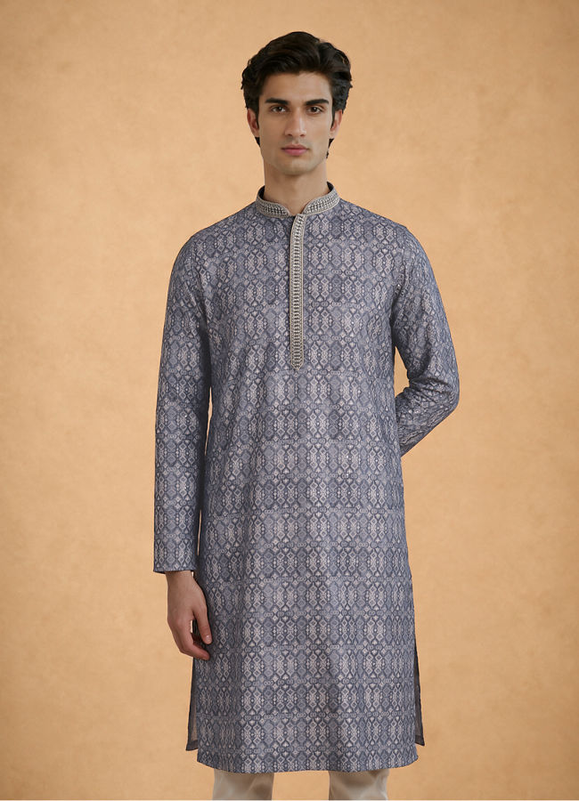 Manyavar Men Dark Grey Blended Cotton Kurta Pajama with Print