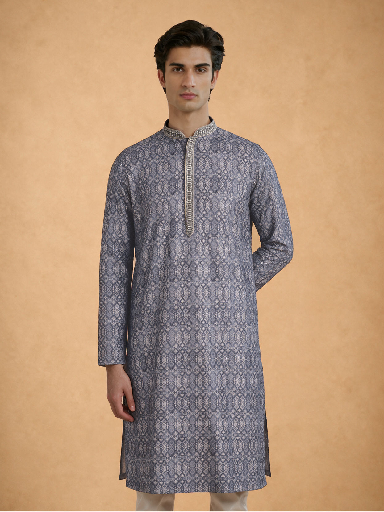 Manyavar Men Dark Grey Blended Cotton Kurta Pajama with Print