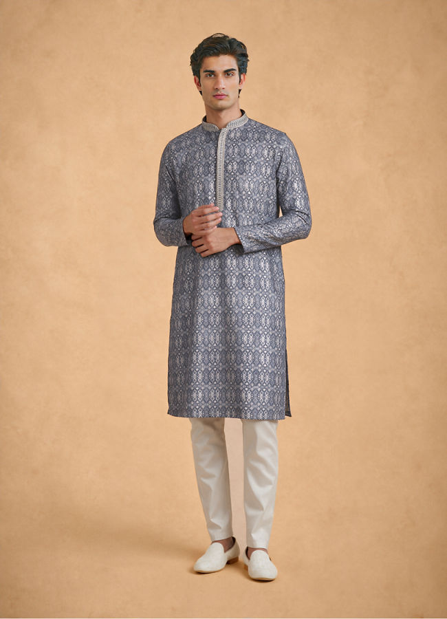 Manyavar Men Dark Grey Blended Cotton Kurta Pajama with Print