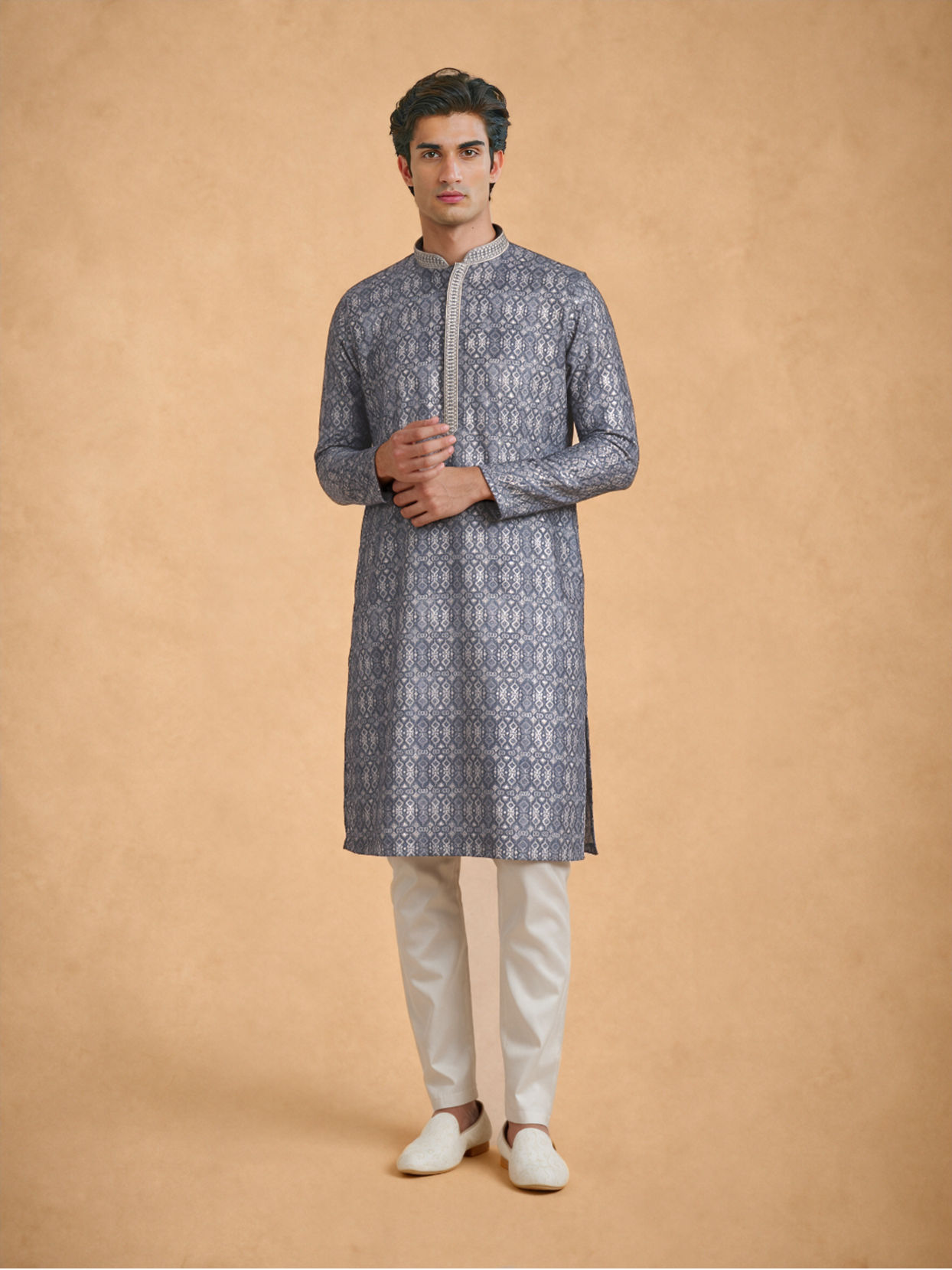 Manyavar Men Dark Grey Blended Cotton Kurta Pajama with Print