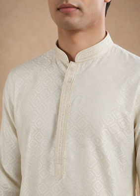 Manyavar Men Cream Blended Viscose Kurta Pajama with Basic Design