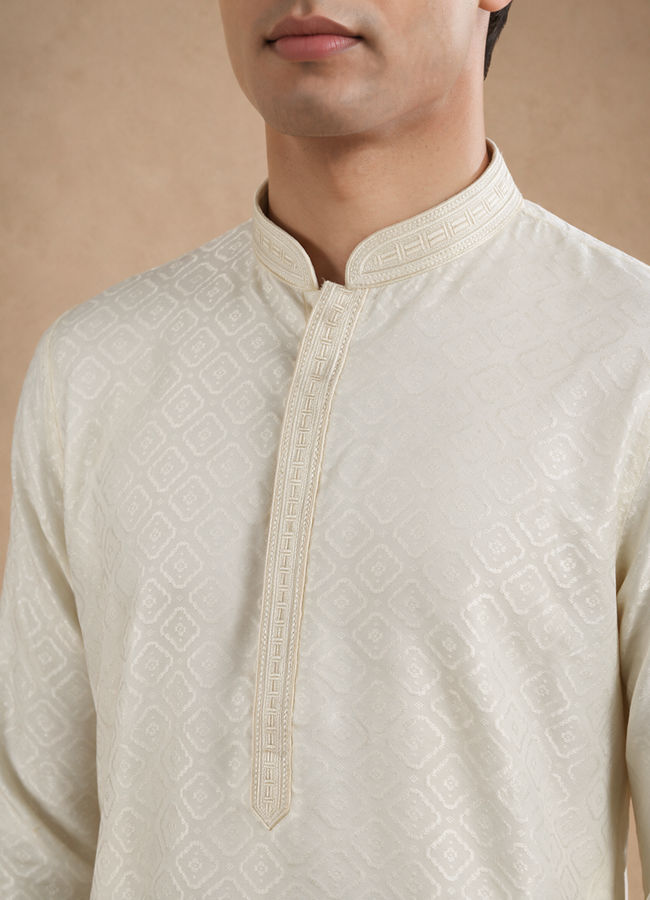 Manyavar Men Cream Blended Viscose Kurta Pajama with Basic Design