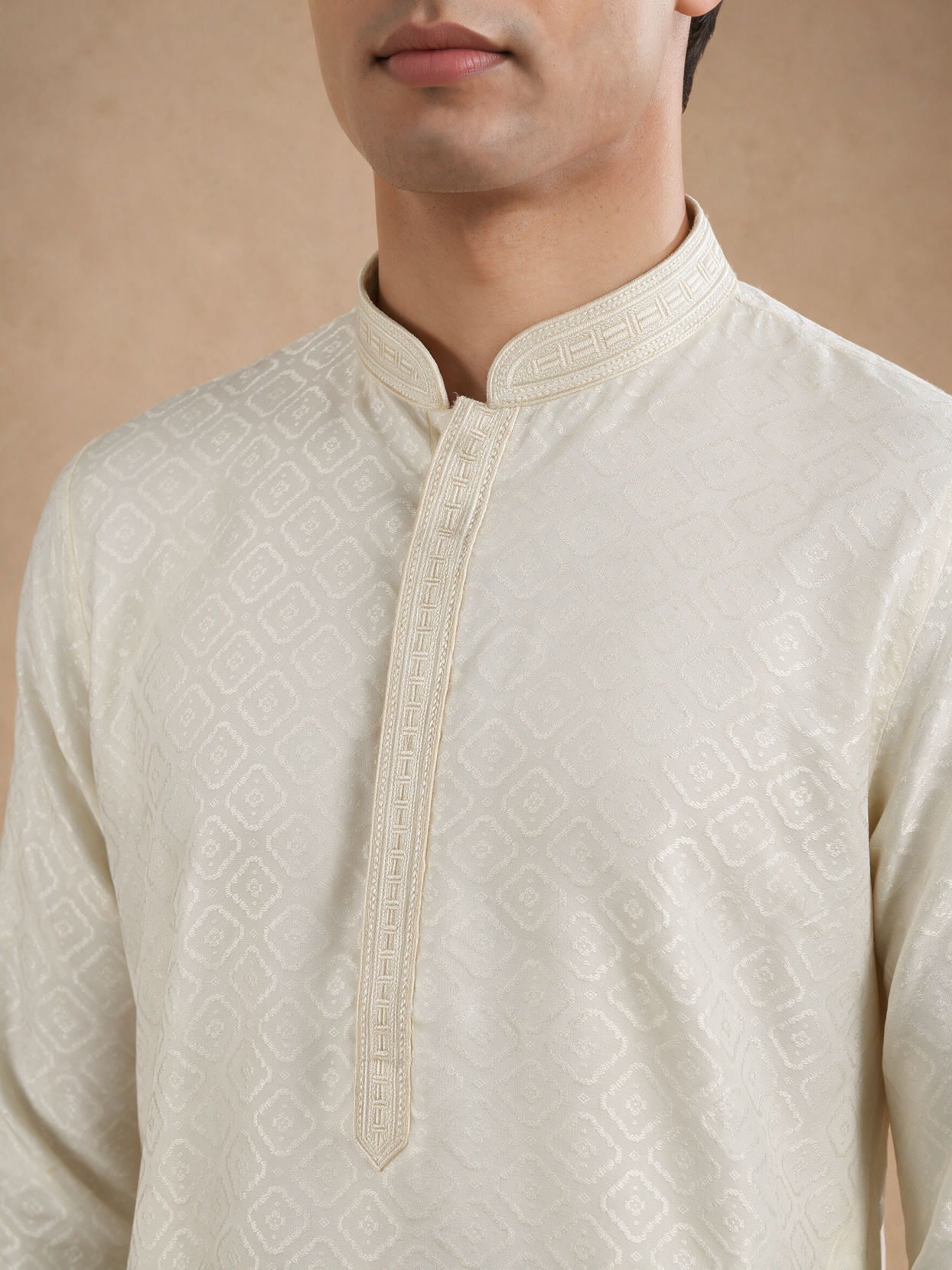 Manyavar Men Cream Blended Viscose Kurta Pajama with Basic Design