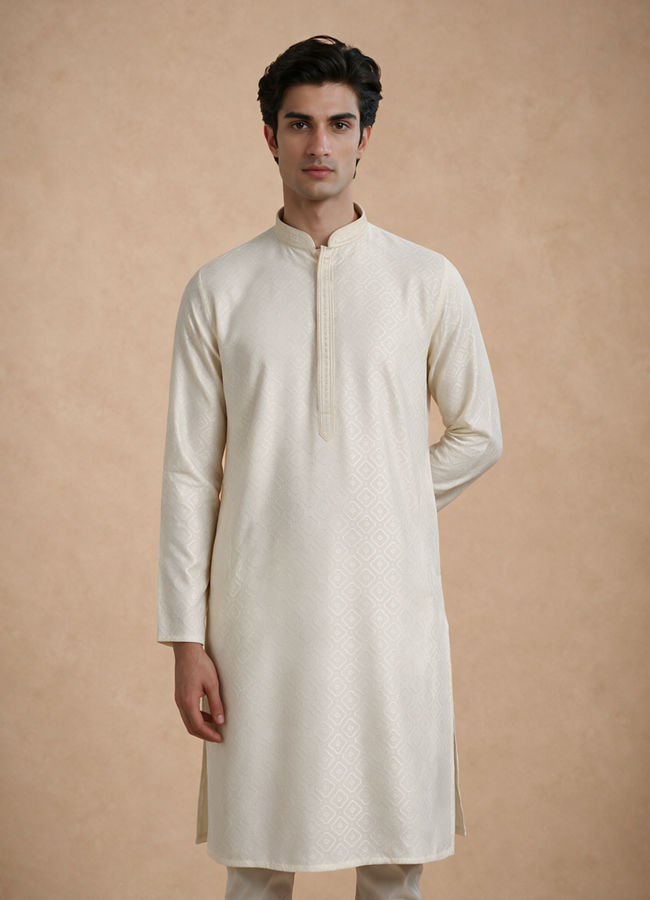 Manyavar Men Cream Blended Viscose Kurta Pajama with Basic Design