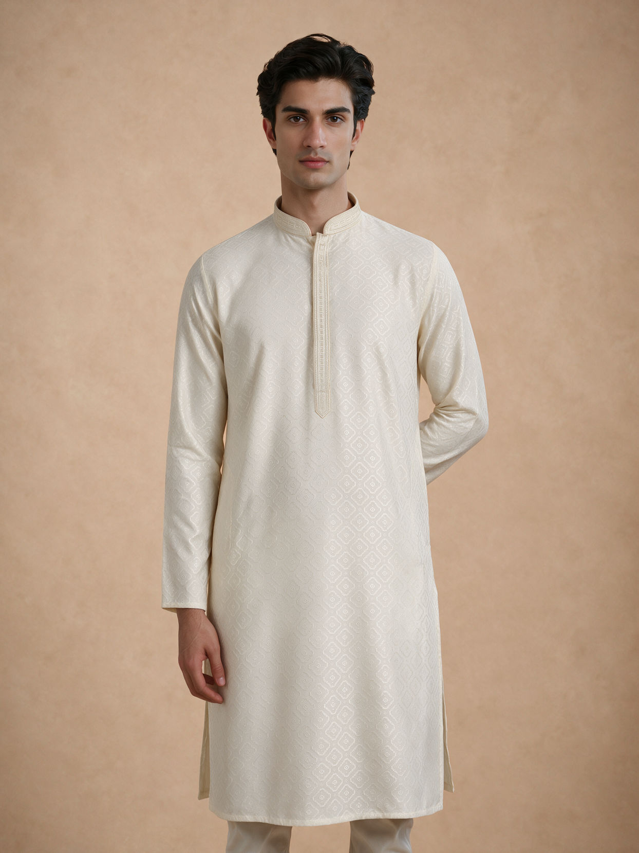 Manyavar Men Cream Blended Viscose Kurta Pajama with Basic Design