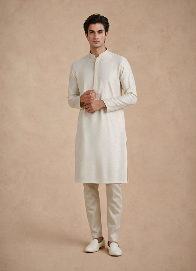 Manyavar Men Cream Blended Viscose Kurta Pajama with Basic Design